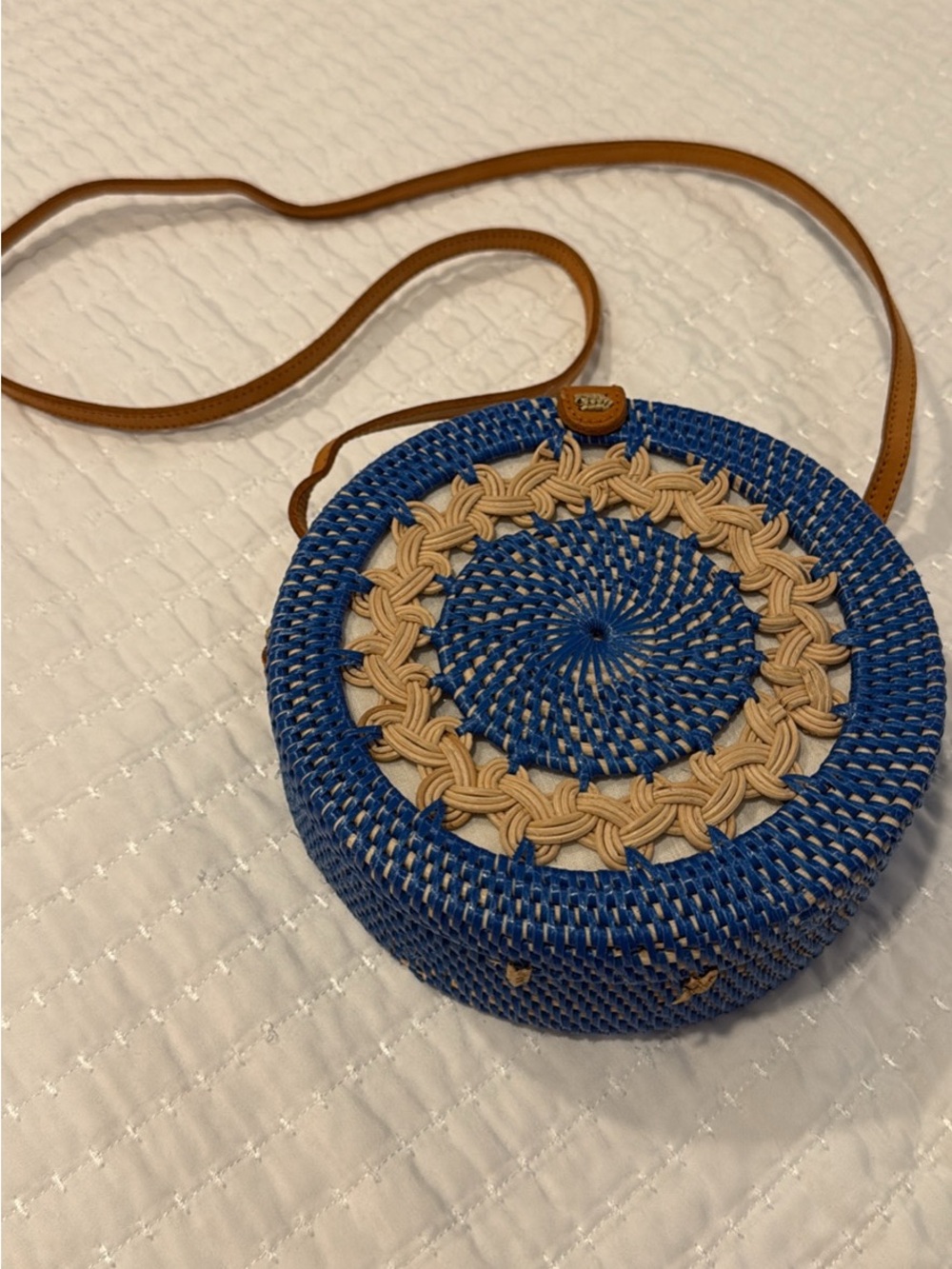 Blue and Tan Round Woven Crossbody Bag